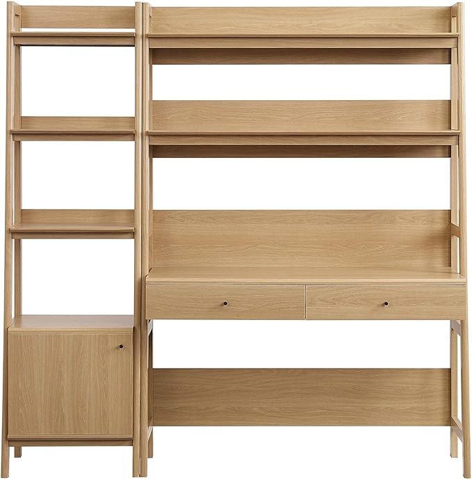 Modway 2-Piece Home Office Desk and Bookshelf Display Case in Oak