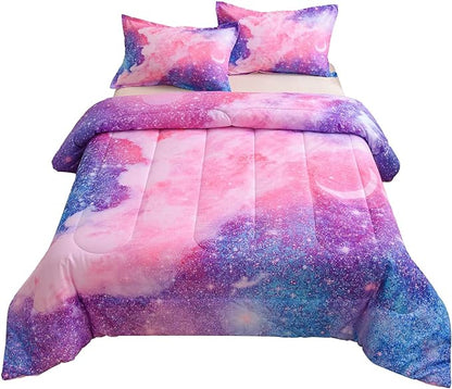 A Nice Night Galaxy Bedding Sets Outer Space Comforter 3D Printed Space Quilt Set Full Size Glitter Pink Color,for Children Boy Girl Teen Kids