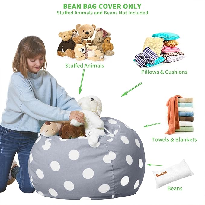 Aubliss Stuffed Animal Bean Bag Storage Chair (Grey Dot, Large (38''))