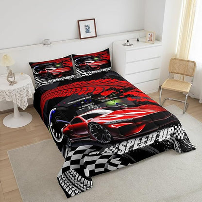 Feelyou Kids Boys Girls Red Race Car Comforter Set King Size, Sports Car Comforter Comforter Set for Teens Toddler Race Car Bedding Set Racing car Duvet Set Bed Set Room Decor Bedding Collection