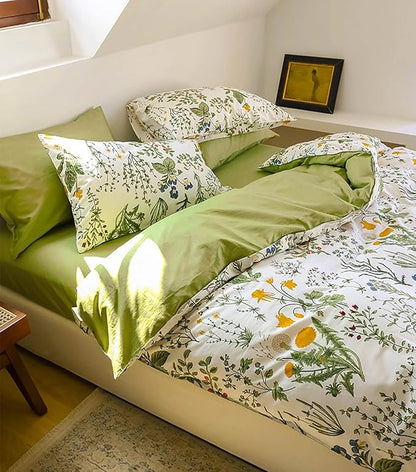 Botanical Comforter Set Twin Cotton White and Green Floral Plant Bedding Set Garden Pattern Printed on White Reversible Blanket 3 PCs 1 White Comforter 2 Pillowcases