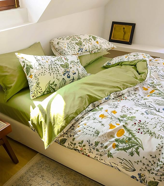 Botanical Comforter Set Cal King White and Sage Green Floral Plant Bedding Set Garden Pattern Printed on White Women Reversible Blanket 3 PCs Girls Breathable White Floral Bed Comforter Set