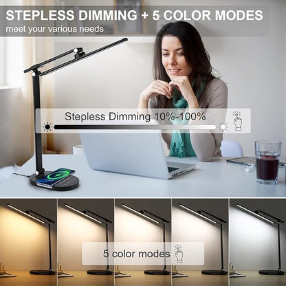 LED Desk Lamp with Wireless Charger, USB Charging Port, Touch Control, 5 Color Modes, 5 Brightness Level, Eye-Caring Desk Lamp for Study Reading, 1H Timer, Home Office Table Lamp