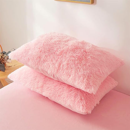 Fluffy comforters Cover twin size - Ultra Soft Plush pink bedding Sets 2 Pieces (1 faux fur comforter Cover + 1 fuzzy pillow case) girls shaggy Pink twin bed set (Light Pink, Twin)