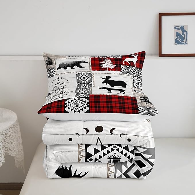 Deer Antlers Bear Kids Comforter Set Queen Size,Plaids Aztec Arrows Patchwork Bedding Set for Boys Girls Adults Room Decor,Rustic Adventure Xmas Down Comforter,Red Retro Duvet Insert,2 Pillowcases