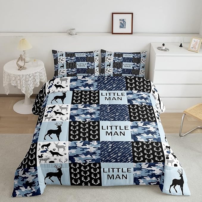 Manfei Camo Deer Antlers Comforter Set King Size Geometric Checkered Patchwork Bedding 3pcs for Xmas Decor, Boho Arrows Animals Quilt Set, Blue Rustic Duvet Insert, 2 Pillowcases (WWS10844GYY-BZ_USk)