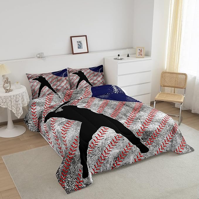 Erosebridal Baseball Comforter Set Queen for Boys Teen Baseball Athlete Bedding Set Kids Ball Games Sports Bed Comforter Sets Sport Baseball Quilt Duvet 2 Pillow Cases Retro Red Dark Blue White