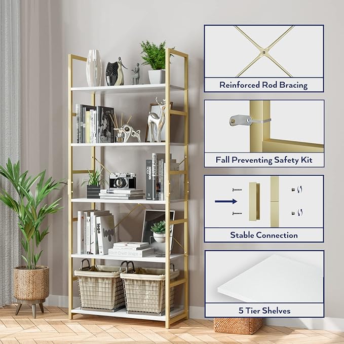 NUMENN 5 Tier Bookshelf, Tall Bookcase Shelf Storage Organizer, Modern Book Shelf for Bedroom, Living Room and Home Office, White/Gold