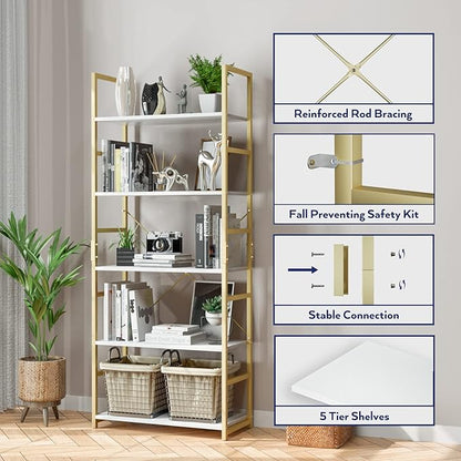 NUMENN 5 Tier Bookshelf, Tall Bookcase Shelf Storage Organizer, Modern Book Shelf for Bedroom, Living Room and Home Office, White/Gold