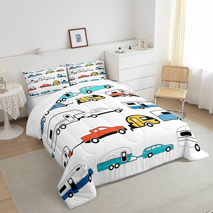 Camper Comforter Set Twin, Happy Camping Bedding Set For Kids Boys Girls Children, Camping Trailer Travel Car Pattern Bedding Comforters & Sets, Cartoon Car Down Comforter RV Accessories, Colorful