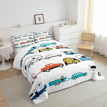 Camper Comforter Set Twin, Happy Camping Bedding Set For Kids Boys Girls Children, Camping Trailer Travel Car Pattern Bedding Comforters & Sets, Cartoon Car Down Comforter RV Accessories, Colorful