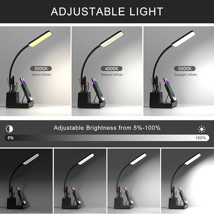 Desk Lamp with Wireless Charger USB Charging Port, Eye-Caring Desk Lamp for Home Office with Pen Holder, Dimmable Table Lamps 3 Color Modes