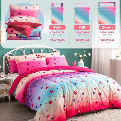 Full Comforter Set for Girls Rainbow Bedding Set 3 Pieces with Multicolor Stars Pink Comforter Set Full Size with Pillowcase for Kids, Teenagers