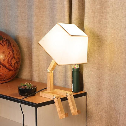 ELINKUME Cute Robot Desk Lamp,Dimmable Bedside Table Lamps,Square Lampshade Night Light with Foldable Solid Wood Body,Fun Kids Lamp, Nightstand lamp for Bedroom,Study,Office,Living room(Gift)