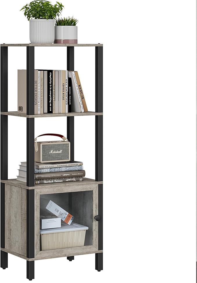 TUTOTAK 4 Tier Bookcase and Bookshelf, Narrow Book shelf with Door for Small Space, for Living Room, Office, Study, Entryway, Greige BS03BG004