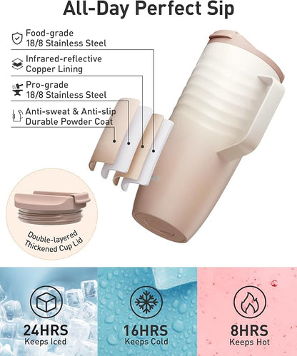 TOURIT 20oz Insulated Coffee Mug with Handle, Leak-Proof Travel Tumbler | 20oz · Side Handle · Ripple Grip · 6h Hot/12h Cold · Leak-Proof · Silicone Base · 304 Steel