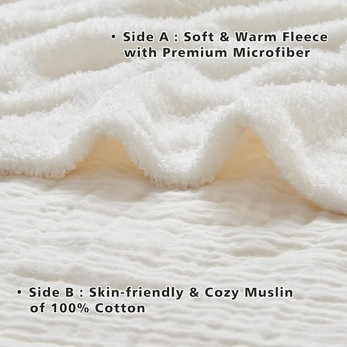 EMME Muslin and Fleece Queen Blanket Reversible - 80"*90" Cream Soft Warm Throw Blankets for Couch Bed Picnic Travel Bed