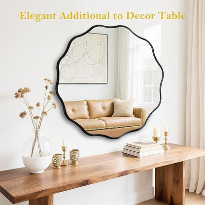 Fabuady Black Round Wavy Edge Mirror - 30'' Circle Wall Mirror with Metal Frame, Decorative Hanging/Leaning Mirror for Bathroom, Bedroom, Living Room, Hallway, Entryway, Office, Home Decor