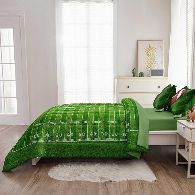 Football Comforter Set Twin Size for Teen Boys, Kids Football Field Bedding Green Themed Bedroom Set with Sheets, Twin Bed in a Bag Set