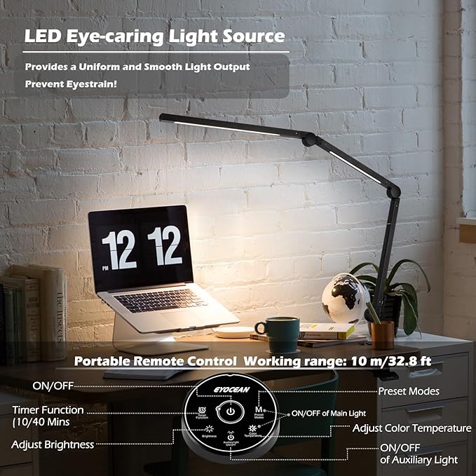 Desk Lamp, LED Desk Lamp with Clamp for Home Office, High Brightness Dimmable Desk Light, Adjustable Color Temperature Swing Arm Architect Lamp with Memory & Timing,Touch control Clamp Lamp