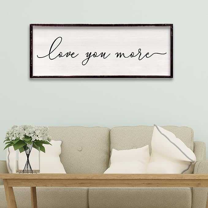Love You More Above Bed Wall Decor Sign 32"×12" for Master Bedroom Over Bed Large Simple Wood Framed Hanging Wall Art (Black)
