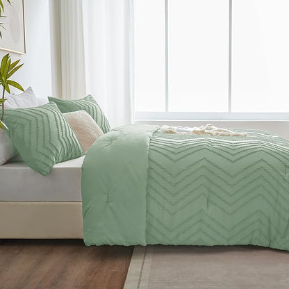 CozyLux Full Size Comforter Set Sage Green - 3 Pieces Boho Tufted Shabby Chic Bedding Comforter Set for All Seasons, Chevron Bedding Sets with Comforter & 2 Pillow Shams