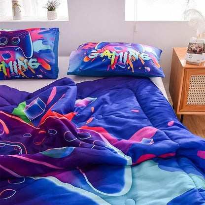 Aimuan Gaming Comforter Sets for Boys Kids Bedding Sets Video Games Console Action Buttons Novelty Colorful Game Gamepad Controller Modern Gamer Room Decor Home Quilt Set (Twin, Purple)