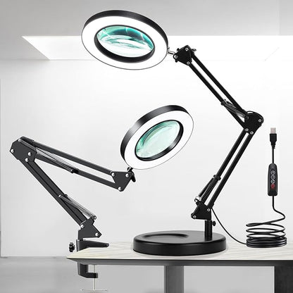 Magnifying Glass with Light and Stand, 10X Magnifying Lamp, 2-in-1 Magnifying Desk Lamp with Clamp, 3 Color Mode, Magnifying Glasses with Light for Close Work (2nd Generation Base ＆ Clamp)