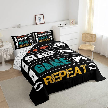 Gamer Comforter Sets for Boys King Size Gaming Bedding Set Teens Kids Games Controller Comforter Room Decor Funny Creative Eat Sleep Game Repeat Design Reversible Inner Fill Comforter for All Season