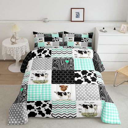 Cute Cow Print Comforter Set King Size Kawaii Highland Cow Bedding Set Bedroom Decor Honeycomb Plaid Pattern Geometric Stripes Down Comforter Cartoon Farm Animals Duvet Set, Green Black Grey