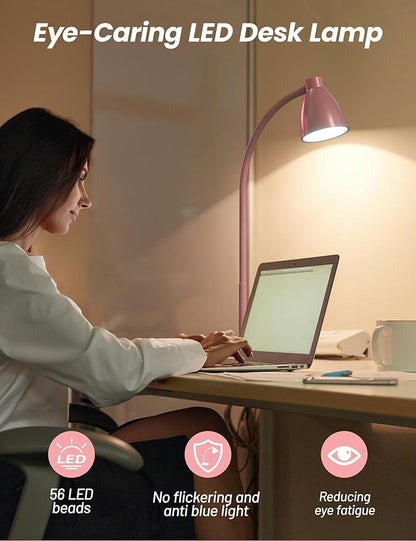 BOHON Cute Desk Lamp with USB Charging Port, Pink Lamp 3 Color Modes Dimmable Reading Lamp, Flexible Gooseneck Table Light Auto Dimming Task Lamp, LED Desk Light for Home Office Dorm Bedside, Pink