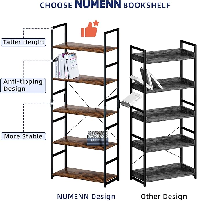 NUMENN 5 Tier Bookshelf, Tall Bookcase Shelf Storage Organizer, Modern Book shelf for Bedroom, Living Room and Home Office, Vintage