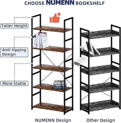 NUMENN 5 Tier Bookshelf, Tall Bookcase Shelf Storage Organizer, Modern Book shelf for Bedroom, Living Room and Home Office, Vintage