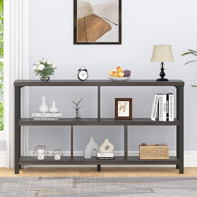 IBF Industrial 5 Cube Storage Organizer Bookshelf, Rustic Low Horizontal Book Shelf, Metal and Wood Cube Bookcase for Bedroom, Modern Wide Cubby Shelf for Living Room Home Office, Dark Grey Oak, 47 In