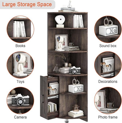 6 Tier Corner Shelf with Drawer, Corner Bookshelf and Corner Bookcase Corner Display Storage Cabinet Stand for Living Room, Bedroom, Office, Small Space, Black Walnut