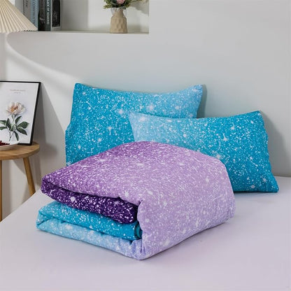Holawakaka Kids Space Star Glitter Comforter Set Queen Size Girls Ombre Blue & Purple Print Gradient Teens Bedding Set Teens Galaxy Bed Sets (Blue Purple, Queen)