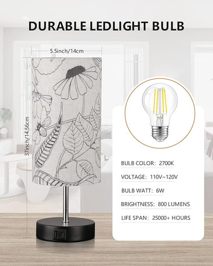 Touch Control Desk Lamp with 2 USB Ports, 3-Way Dimmable Bedside Lamp for Bedroom, Nightstand Lamp with Round Flower Fabric Shade for Living Room, Home Office (secret-single)
