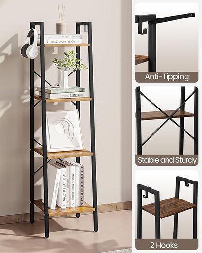 Ladder Shelf, Bookshelf Bookcase, Freestanding Corner Storage Shelve with 2 Hooks for Home Office, Living Room, Kitchen, Bedroom, Industrial, 4-Tier Rustic Brown BC13201B
