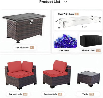 Kullavik 13 Pieces Outdoor Patio Furniture Set with 43" 55000BTU Gas Propane Fire Pit Table PE Wicker Rattan Sectional Sofa Patio Conversation Sets,Red