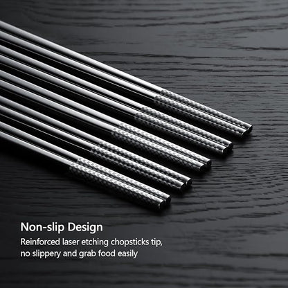 IQCWOOD 5 Pairs 18/8 Stainless Steel Chopsticks – Non-Slip Laser Engraved Metal Chopsticks for Asian Food Sushi Ramen Pho, Reusable & Dishwasher Safe Gift Box