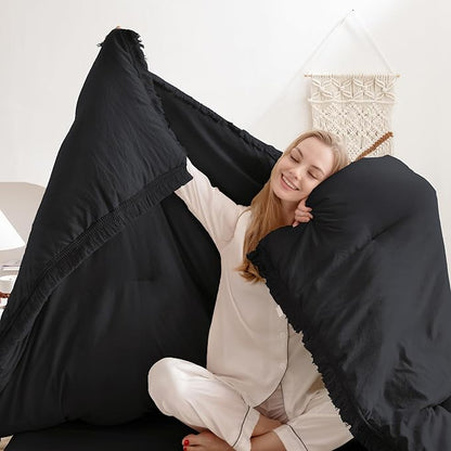 Andency Black Comforter Set King Size, 3 Pieces Boho Tassel Lightweight Bedding Comforter Sets for King Bed, All Season Soft Fluffy Fringe Bed Set (104x90In Comforter & 2 Pillowcases)