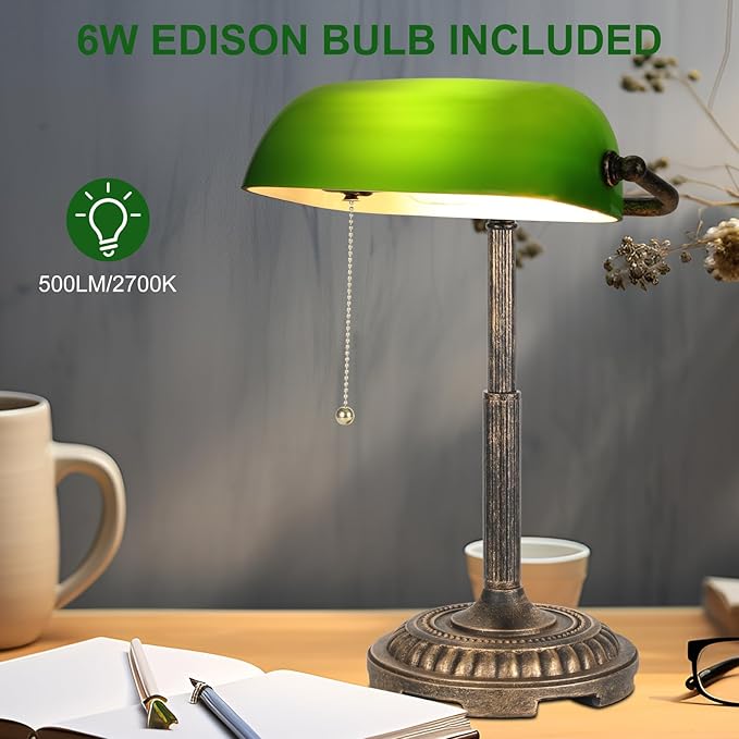 Bankers Lamp, Green Desk Lamp with Pull Switch, Vintage Table Lamps for Home Office, Library, Piano LED Bulb Included (Green)