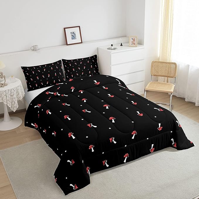 Cute Mushroom Comforter Set King Kid Cartoon Kawaii Reversible Bedding Set Red Mushroom Duvet Set Mushroom Shaped Comforter Lovely Natural Wild Plants Fungus Comforter Set for Room Decor, Black