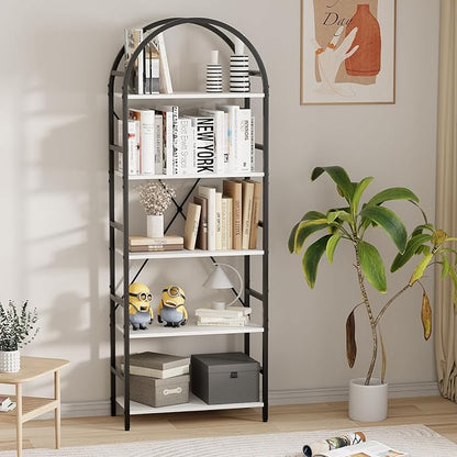 5-Tier Bookshelf, 24 Inch Width Industrial Arched Bookcase, Vintage Storage Rack with Open Shelves, Free Standing Shelf for Home Office, Living Room,Bedroom, Black & White