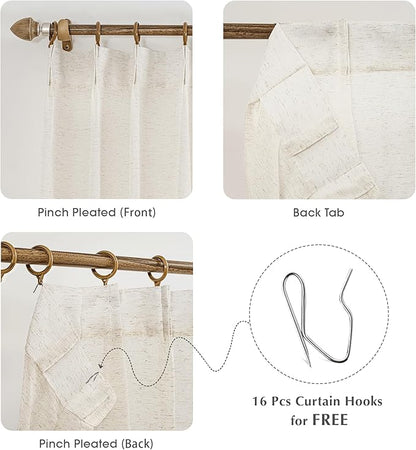 FMFUNCTEX Linen Sheer Pinch Pleated Curtains for Living Room, Linen Flax Beige 90 Inches Long Sheer Curtain See Through Panels for Bedroom, Natural Window Drapes for Farmhouse, Back Tab 2 Panels