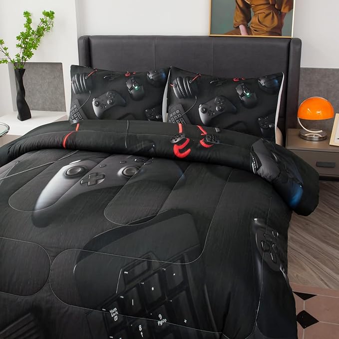 boys Gamer Comforter Set King Size,Gaming Comforter Set for Boys Kids Teens,Gamer Bedding Sets,3D Gaming Microfiber Quilts Gaming Room Decor All Season,Black