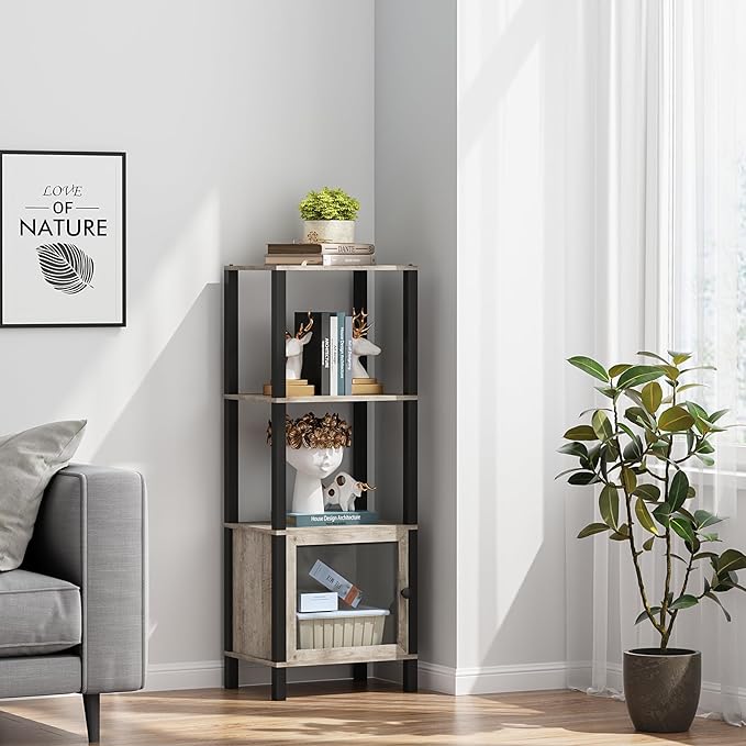 TUTOTAK 4 Tier Bookcase and Bookshelf, Narrow Book shelf with Door for Small Space, for Living Room, Office, Study, Entryway, Greige BS03BG004