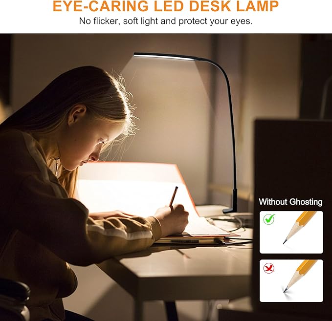 LED Desk Lamp, Swing Arm Table Lamp with Clamp, Flexible Gooseneck Task Lamp, Eye-Caring Architect Desk Light, 3 Modes 10 Brightness Levels, Memory Function Desk Lamps for Home Office, 12W