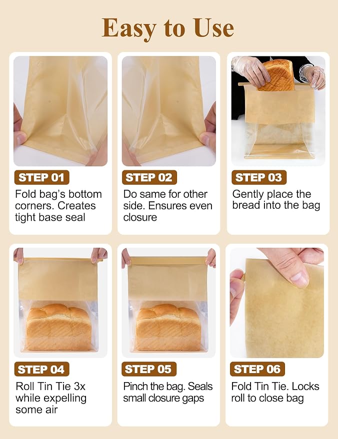 FireKylin Bread Cookie Bags with Window & Tin Tie 5.1x3.9x11.0 (50,Medium) | Food Safe Brown Paper, Clear Window, Reusable Tin Tie, for Homemade Bread, Cookies, Muffins, Pastry, Candy, Party Favor