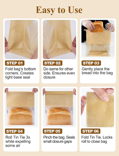 FireKylin Bread Cookie Bags with Window & Tin Tie 5.1x3.9x11.0 (50,Medium) | Food Safe Brown Paper, Clear Window, Reusable Tin Tie, for Homemade Bread, Cookies, Muffins, Pastry, Candy, Party Favor